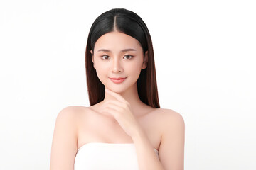 Beautiful young asian woman with clean fresh skin on white background, Face care, Facial treatment, Cosmetology, beauty and spa, Asian women portrait.