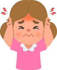 a white girl get a headache. illustration cartoon character vector design on white background. kid and health care concept.