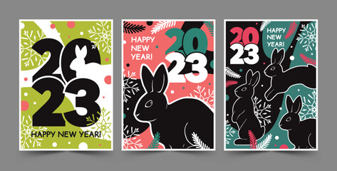 Happy New Year 2023 vertical greeting card set with rabbit. Modern vector illustration in trendy colors.