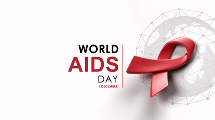 3d red ribbon on world map background with text, campaign for World AIDS Day on 1 December, 3d rendering - 547617056