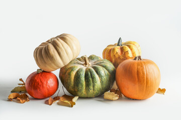 Various pretty pumpkins at white background , front view