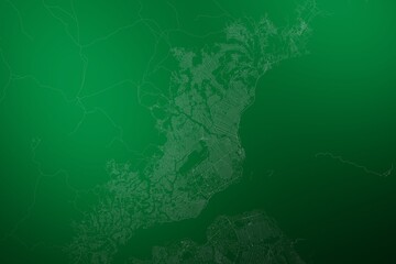 Map of the streets of Brazzaville (Congo) made with white lines on abstract green background lit by two lights. Top view. 3d render, illustration