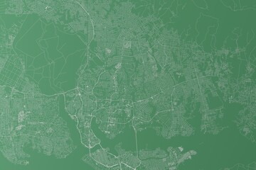 Stylized map of the streets of Abijan (Ivory Coast) made with white lines on green background. Top view. 3d render, illustration