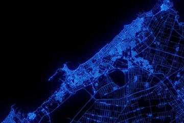 Street map of Alexandria (Egypt) made with blue illumination and glow effect. Top view on roads network