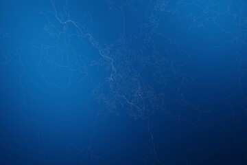 Stylized map of the streets of Mbabane (Eswatini) made with white lines on abstract blue background lit by two lights. Top view. 3d render, illustration