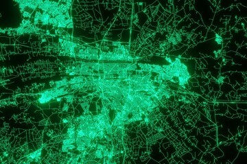 Map of the streets of Pretoria (South Africa) made with green illumination and glow effect. Top view on roads network. 3d render, illustration