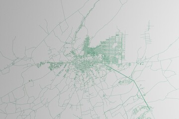Map of the streets of Kandahar (Afghanistan) made with green lines on white paper. 3d render, illustration