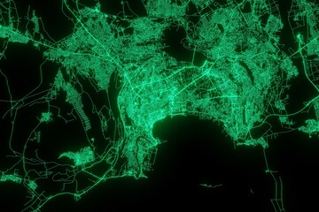 Map of the streets of Baku (Azerbaijan) made with green illumination and glow effect. Top view on roads network. 3d render, illustration