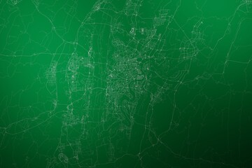 Map of the streets of Chongqing (China) made with white lines on abstract green background lit by two lights. Top view. 3d render, illustration