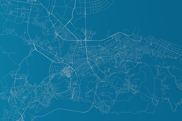 Map of the streets of Dalian (China) made with white lines on blue background. 3d render, illustration