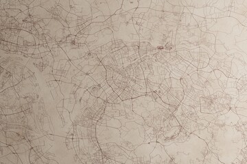 Map of Dongguan (China) on an old vintage sheet of paper. Retro style grunge paper with light coming from right. 3d render