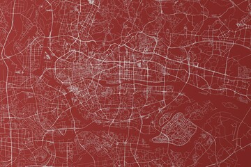 Map of the streets of Guangzhou (China) made with white lines on red background. Top view. 3d render, illustration