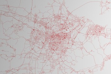 Map of the streets of Ningbo (China) made with red lines on white paper. 3d render, illustration