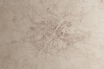 Map of Wuhan (China) on an old vintage sheet of paper. Retro style grunge paper with light coming from right. 3d render