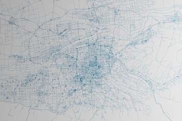 Map of the streets of Xian (China) made with blue lines on white paper. 3d render, illustration