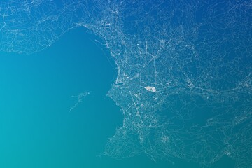 Map of the streets of Marseille (France) made with white lines on greenish blue gradient background. 3d render, illustration