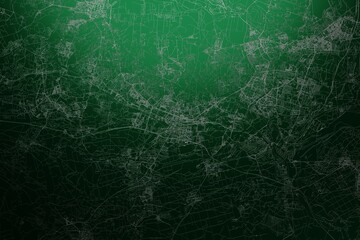 Street map of Katowice (Poland) engraved on green metal background. Light is coming from top. 3d render, illustration