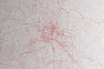 Map of the streets of Maribor (Slovenia) made with red lines on white paper. 3d render, illustration