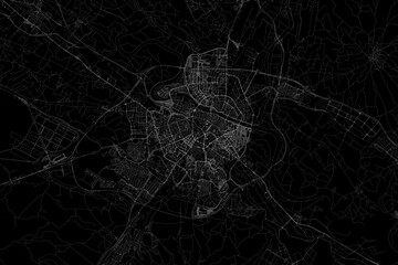 Stylized map of the streets of Zaragoza (Spain) made with white lines on black background. Top view. 3d render, illustration