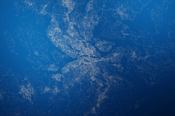 Stylized map of the streets of Stockholm (Sweden) made with white lines on abstract blue background lit by two lights. Top view. 3d render, illustration