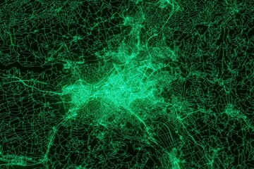Map of the streets of Bern (Switzerland) made with green illumination and glow effect. Top view on roads network. 3d render, illustration