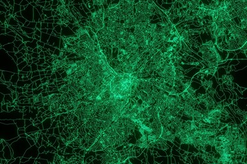 Map of the streets of Sheffield (UK) made with green illumination and glow effect. Top view on roads network. 3d render, illustration