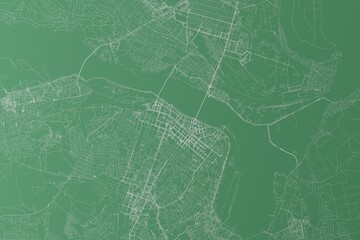 Stylized map of the streets of Dnipro (Ukraine) made with white lines on green background. Top view. 3d render, illustration
