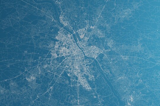 Fototapeta Map of the streets of Warsaw (Poland) made with white lines on blue paper. Rough background. 3d render, illustration