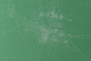 Stylized map of the streets of Helena (Montana, USA) made with white lines on green background. Top view. 3d render, illustration