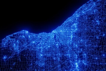 Street map of Cleveland (Ohio, USA) made with blue illumination and glow effect. Top view on roads network