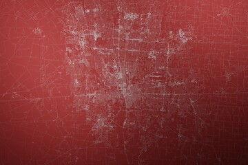Map of the streets of Columbus (Ohio, USA) made with white lines on abstract red background lit by two lights. Top view. 3d render, illustration - obrazy, fototapety, plakaty