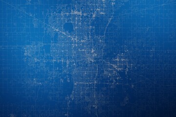 Stylized map of the streets of Oklahoma City (Oklahoma, USA) made with white lines on abstract blue background lit by two lights. Top view. 3d render, illustration - obrazy, fototapety, plakaty