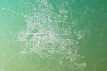 Map of the streets of Houston (Texas, USA) made with white lines on yellowish green gradient background. Top view. 3d render, illustration
