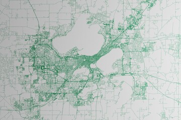 Map of the streets of Madison (Wisconsin, USA) made with green lines on white paper. 3d render, illustration