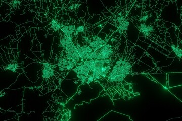 Map of the streets of Gaborone (Botswana) made with green illumination and glow effect. Top view on roads network. 3d render, illustration