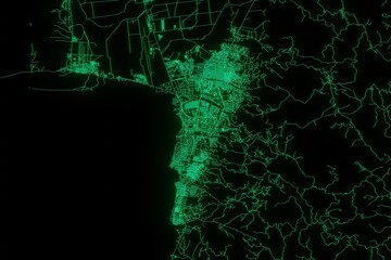 Map of the streets of Bujumbura (Burundi) made with green illumination and glow effect. Top view on roads network. 3d render, illustration