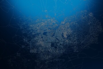 Street map of Ouagadougou (Burkina Faso) engraved on blue metal background. Flat view with light coming from top. 3d render, illustration