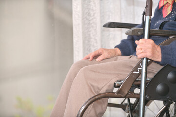 Fototapeta na wymiar 縁側の車椅子に座って外を眺める高齢の女性