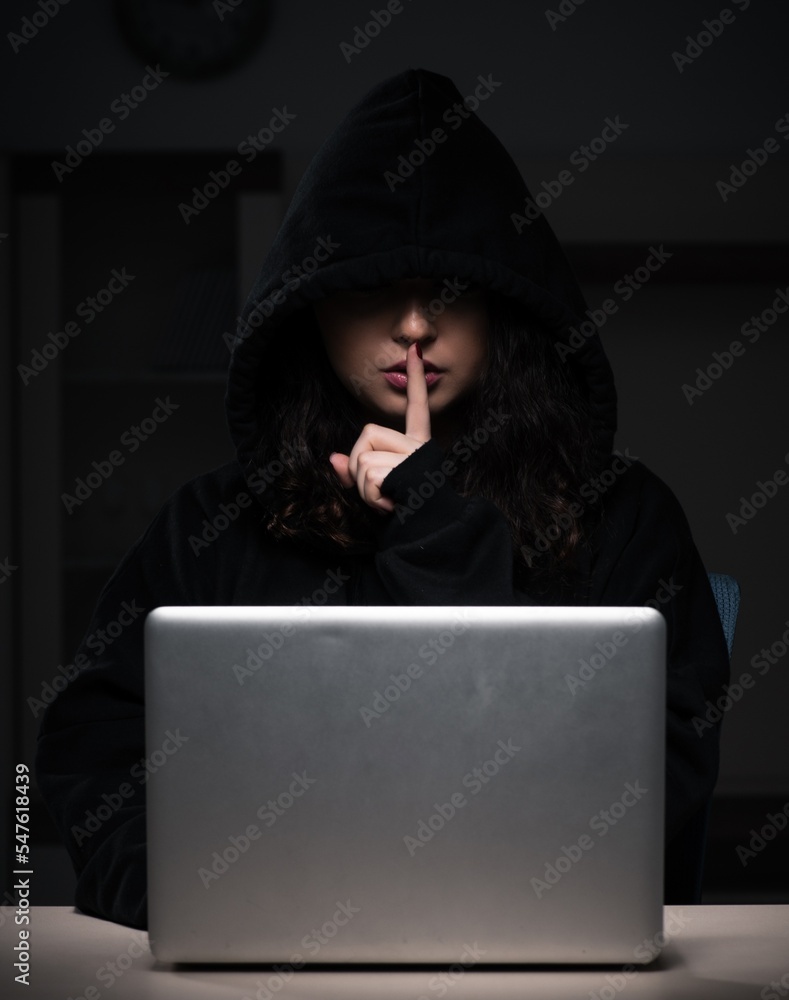 Poster female hacker hacking security firewall late in office