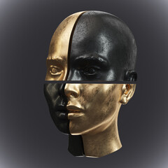 Abstract illustration from 3D rendering of black and gold checkered marble female head isolated on dark grey background.