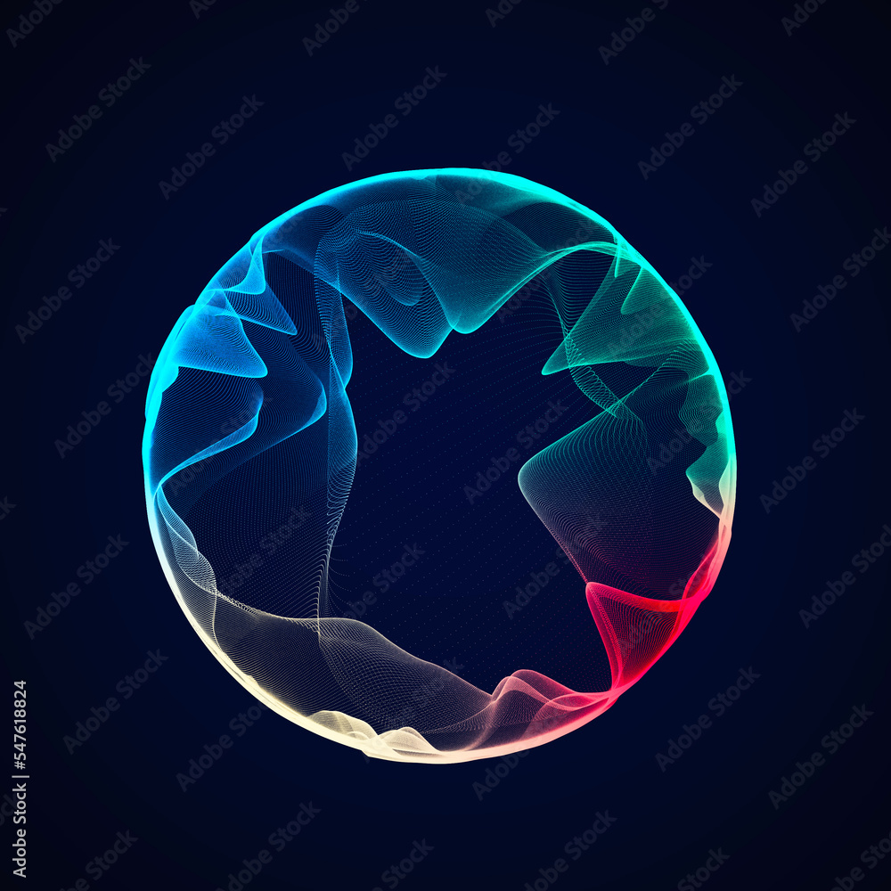 Poster spherical equalizer for music. round sound wave of particles. musical abstract creative element. 3d 