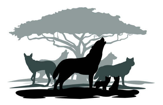 Wolf howls. Cubs and wolf pack near tree. Silhouette picture. Wild animal in nature. Predator in natural conditions. Isolated on white background. Vector.