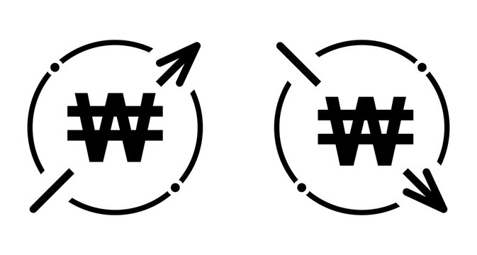 Set of cost symbol won increase and decrease icon. Money vector symbol isolated on background