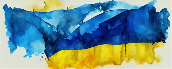 Grunge brush stroke with colors of Ukraine national flag. Watercolor painting flag of Ukraine. Symbol, poster, banner, background, of the national flag. Yellow and blue. Style watercolor drawing