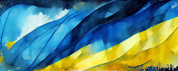 Grunge brush stroke with colors of Ukraine national flag. Watercolor painting flag of Ukraine. Symbol, poster, banner, background, of the national flag. Yellow and blue. Style watercolor drawing