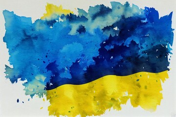 Grunge brush stroke with colors of Ukraine national flag. Watercolor painting flag of Ukraine. Symbol, poster, banner, background, of the national flag. Yellow and blue. Style watercolor drawing