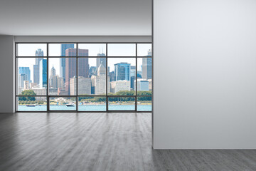 Fototapeta premium Downtown Chicago City Skyline Buildings Window background. Mock up copy space wall. Empty office room Interior Skyscrapers, View Lake Michigan waterfront. Cityscape. Day time. 3d rendering.