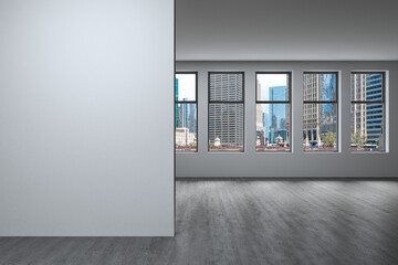 Downtown Chicago City Skyline Buildings Window background. Mockup empty copy space wall. Office room Interior Skyscrapers, River walk, bridge, waterfront view. Cityscape. Day. Ad concept. 3d rendering - obrazy, fototapety, plakaty