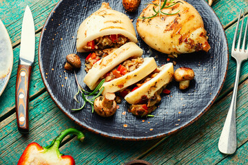 Grilled squid with vegetables, stuffed calamari.