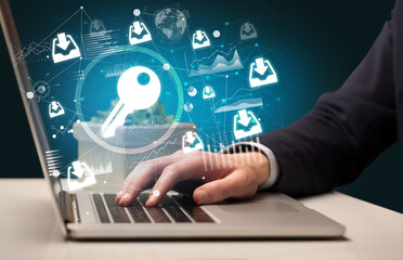 Business hand working on laptop, successful business concept